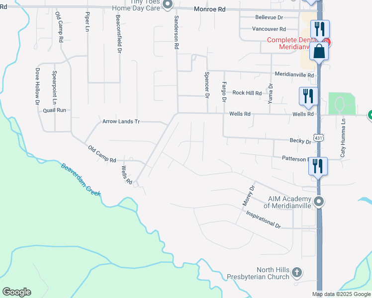 map of restaurants, bars, coffee shops, grocery stores, and more near 114 Meadow Land Drive in Meridianville