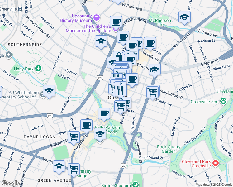 map of restaurants, bars, coffee shops, grocery stores, and more near 120 South Main Street in Greenville