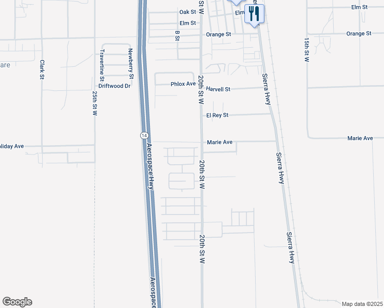 map of restaurants, bars, coffee shops, grocery stores, and more near 2017 Windharp Drive in Rosamond