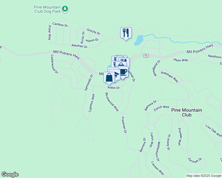map of restaurants, bars, coffee shops, grocery stores, and more near 16331 Askin Drive in Pine Mountain Club