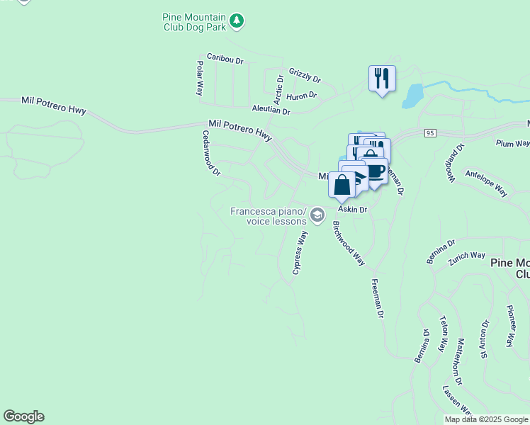 map of restaurants, bars, coffee shops, grocery stores, and more near in Pine Mountain Club