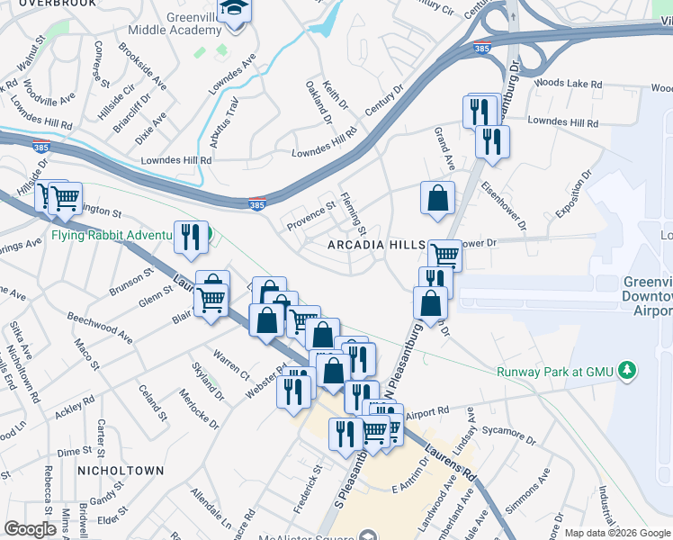 map of restaurants, bars, coffee shops, grocery stores, and more near 132 Manson Place in Greenville