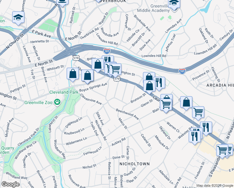 map of restaurants, bars, coffee shops, grocery stores, and more near 13 McAdoo Avenue in Greenville
