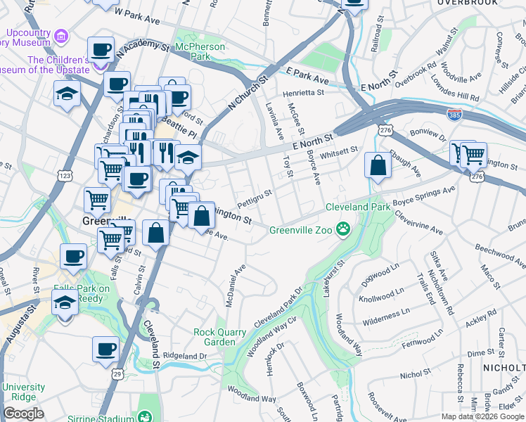 map of restaurants, bars, coffee shops, grocery stores, and more near 14 Manly Street in Greenville