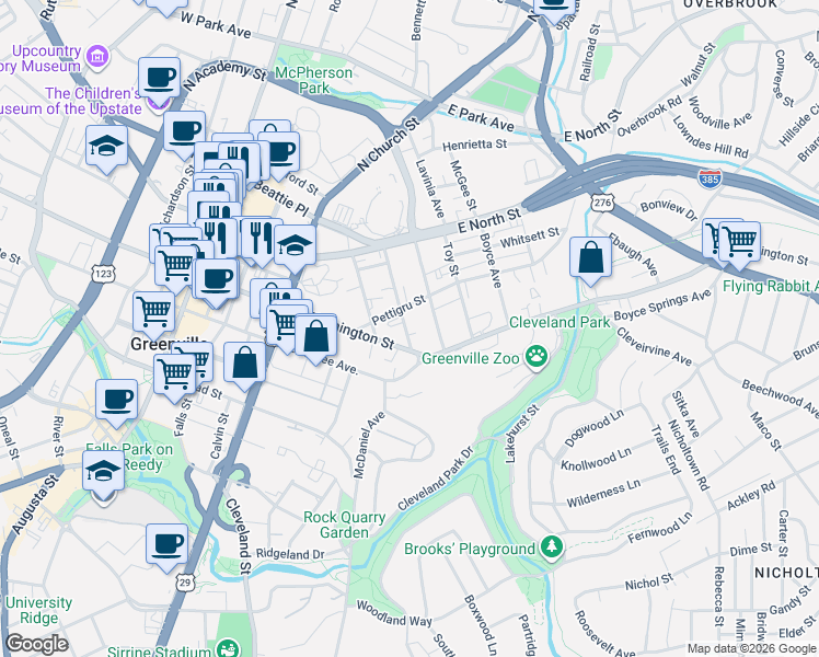 map of restaurants, bars, coffee shops, grocery stores, and more near 14 Manly Street in Greenville