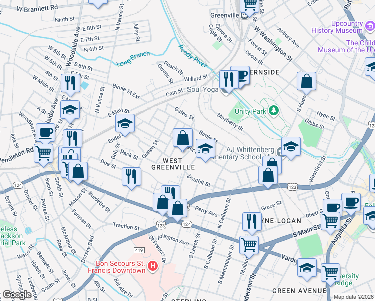 map of restaurants, bars, coffee shops, grocery stores, and more near 347 Gower Street in Greenville