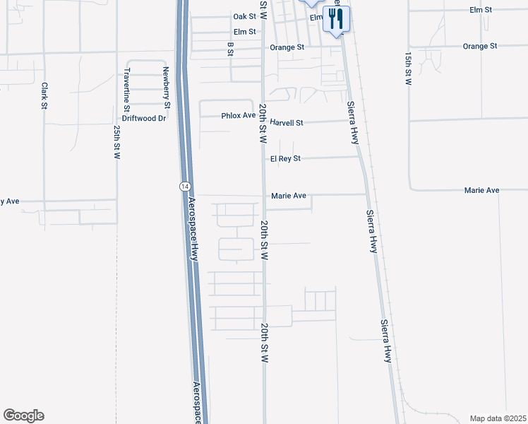 map of restaurants, bars, coffee shops, grocery stores, and more near 20th Street West in Rosamond