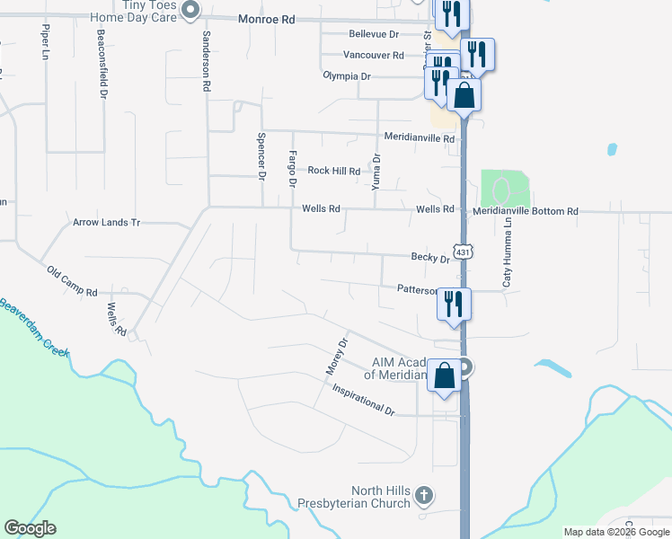 map of restaurants, bars, coffee shops, grocery stores, and more near 228 Becky Drive in Meridianville