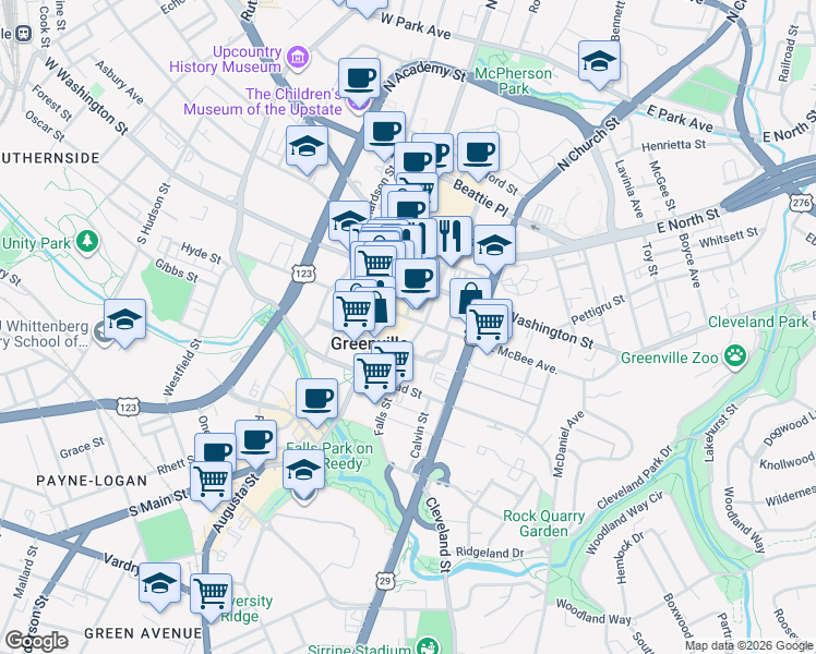 map of restaurants, bars, coffee shops, grocery stores, and more near 98 East McBee Avenue in Greenville