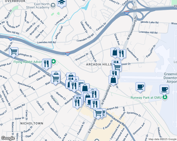 map of restaurants, bars, coffee shops, grocery stores, and more near 132 Manson Place in Greenville