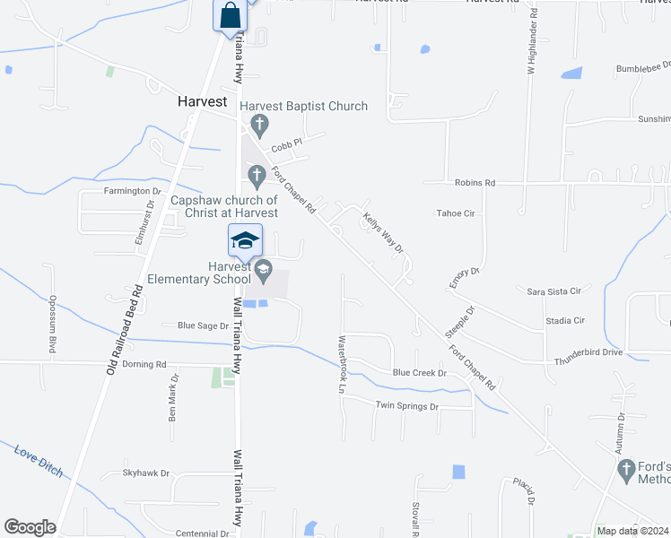 map of restaurants, bars, coffee shops, grocery stores, and more near 202 Waterbrook Lane in Harvest