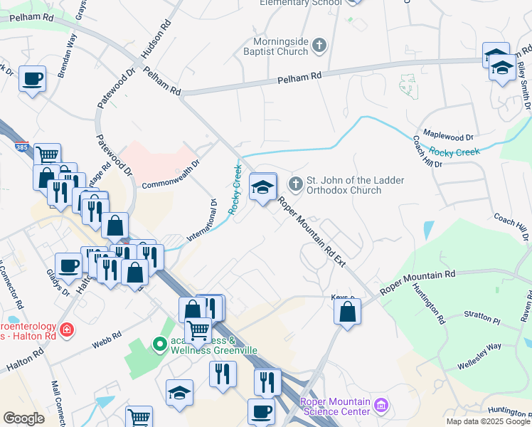 map of restaurants, bars, coffee shops, grocery stores, and more near 212 Roper Mountain Road Extension in Greenville