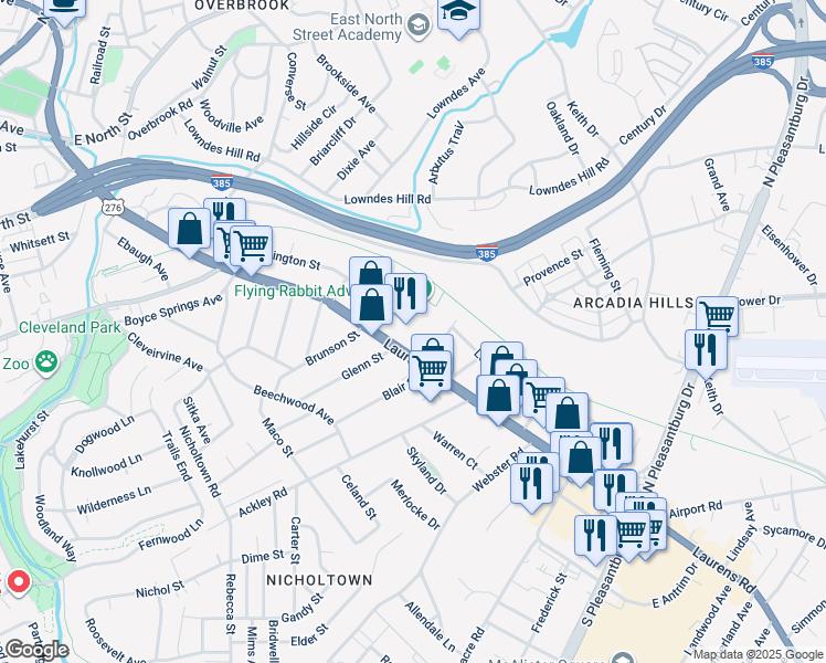 map of restaurants, bars, coffee shops, grocery stores, and more near 1720 East Washington Street in Greenville