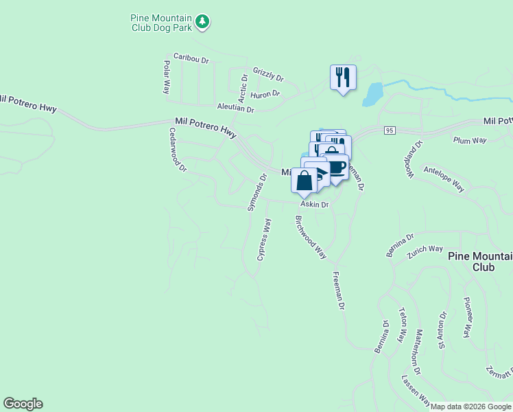 map of restaurants, bars, coffee shops, grocery stores, and more near 2405 Symonds Drive in Frazier Park