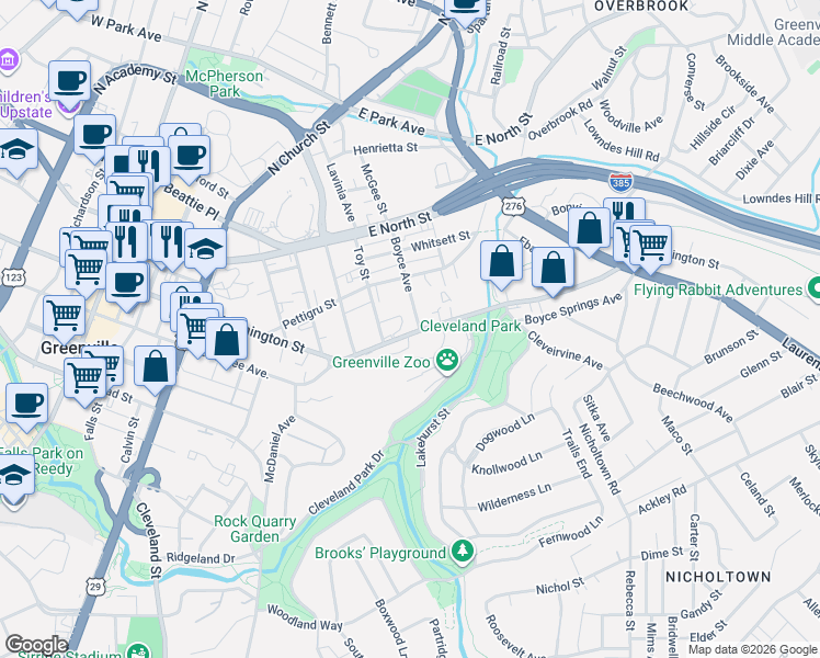map of restaurants, bars, coffee shops, grocery stores, and more near 7 Boyce Avenue in Greenville