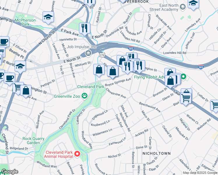 map of restaurants, bars, coffee shops, grocery stores, and more near 113 Cleveirvine Avenue in Greenville