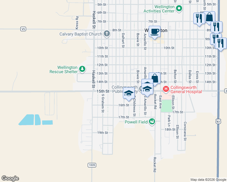 map of restaurants, bars, coffee shops, grocery stores, and more near 1500 South El Paso Street in Wellington