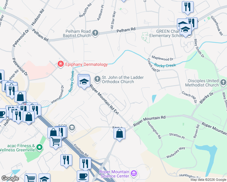 map of restaurants, bars, coffee shops, grocery stores, and more near 15 Hawkins Rd in Greenville