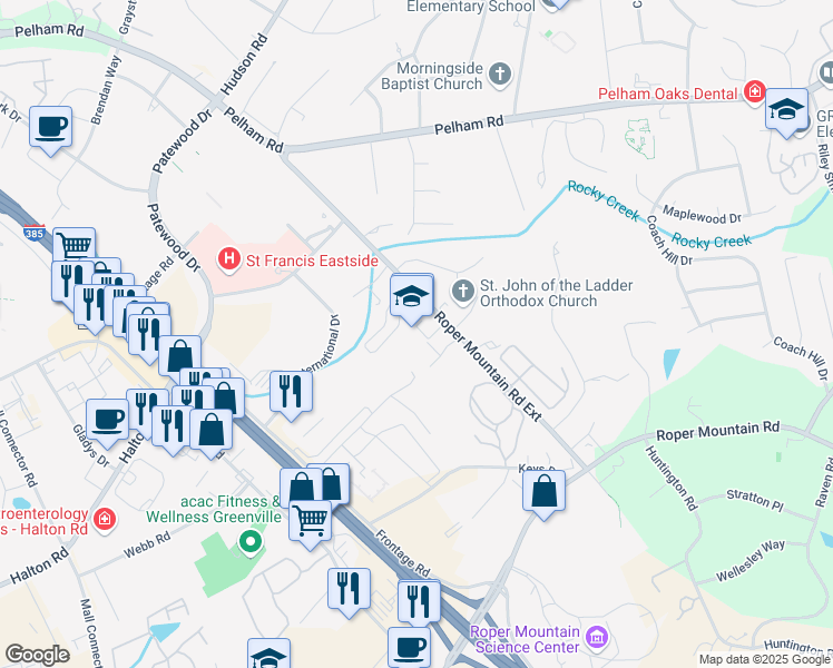 map of restaurants, bars, coffee shops, grocery stores, and more near 212 Roper Mountain Road Extension in Greenville