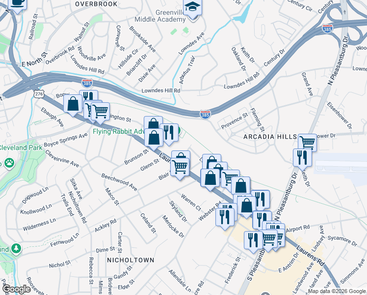map of restaurants, bars, coffee shops, grocery stores, and more near 1720 East Washington Street in Greenville