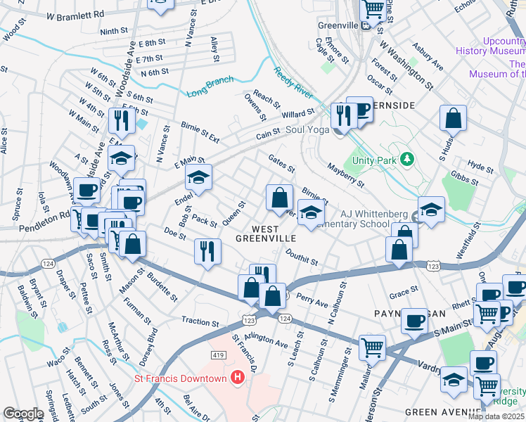 map of restaurants, bars, coffee shops, grocery stores, and more near 6 Carpenter Street in Greenville