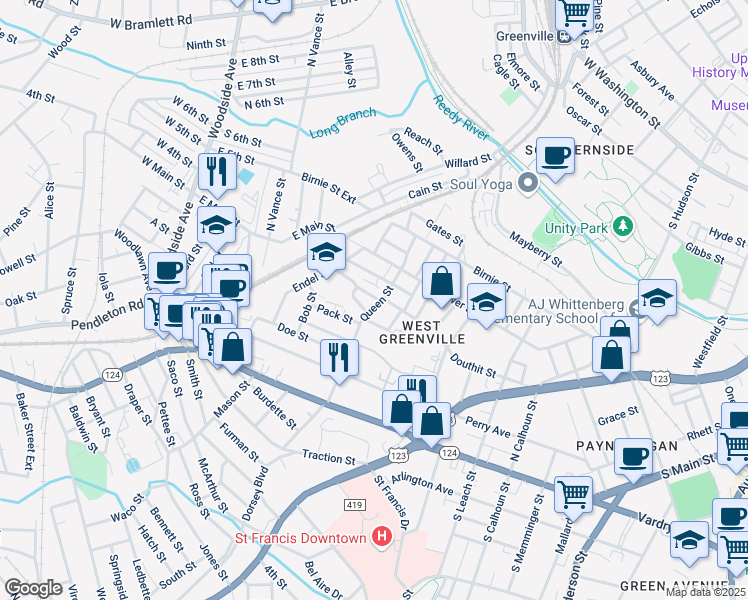 map of restaurants, bars, coffee shops, grocery stores, and more near 8A Kingsview Street in Greenville