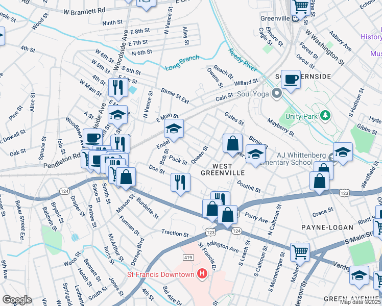 map of restaurants, bars, coffee shops, grocery stores, and more near 8A Kingsview Street in Greenville