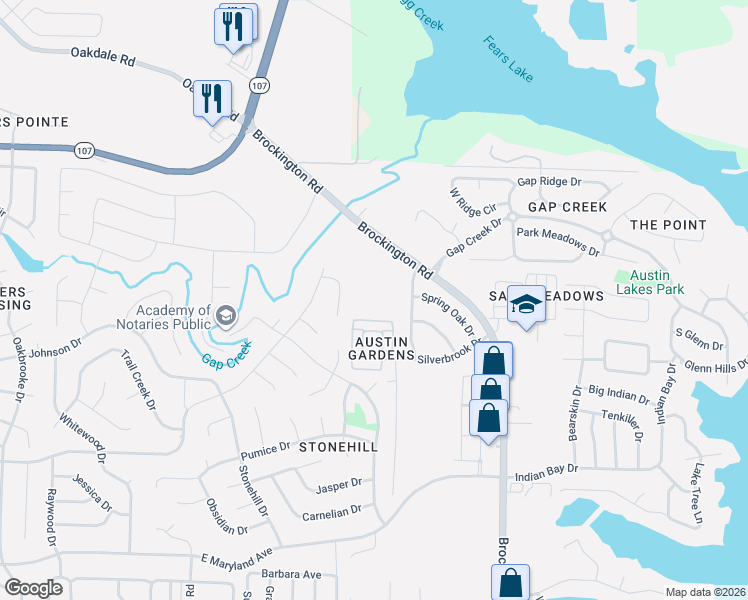 map of restaurants, bars, coffee shops, grocery stores, and more near 10401 Brockington Road in Sherwood