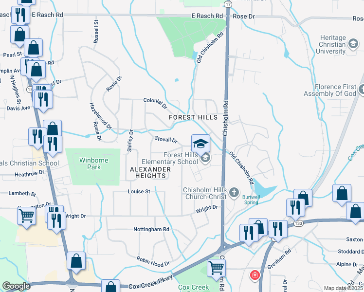 map of restaurants, bars, coffee shops, grocery stores, and more near 101 Stovall Drive in Florence