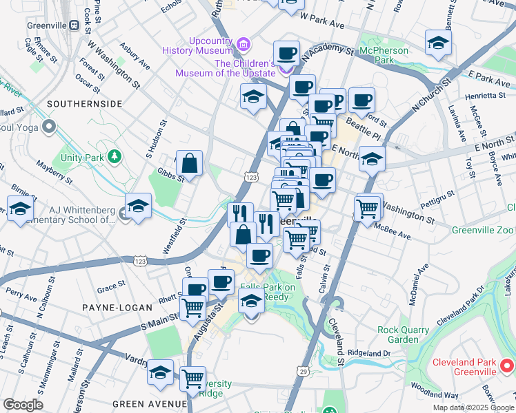 map of restaurants, bars, coffee shops, grocery stores, and more near 411 River Street in Greenville