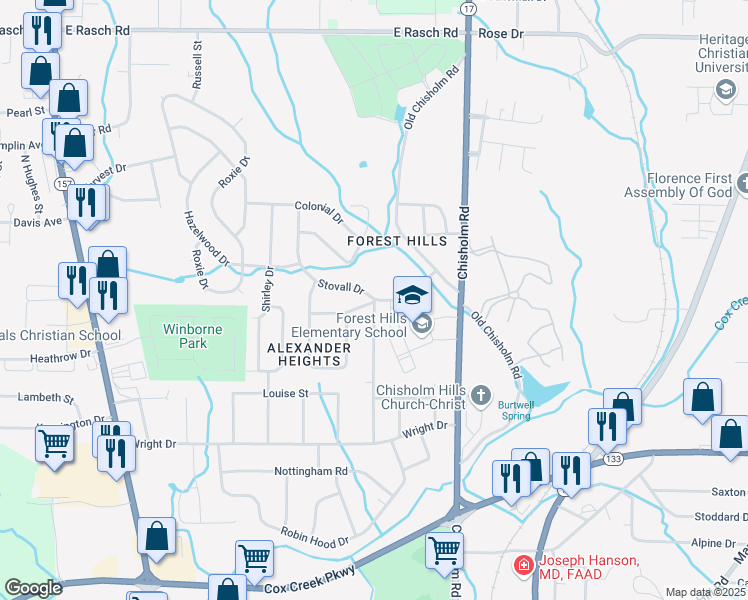 map of restaurants, bars, coffee shops, grocery stores, and more near 101 Stovall Drive in Florence