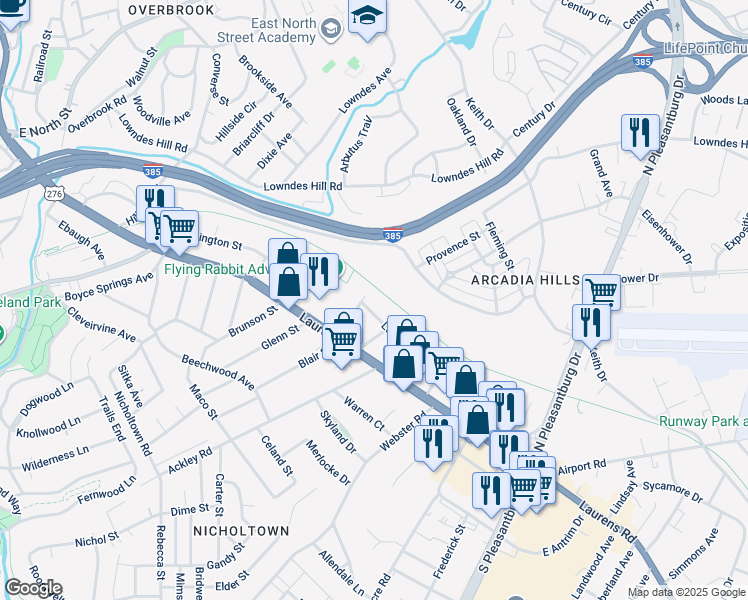 map of restaurants, bars, coffee shops, grocery stores, and more near 104 Lenox Avenue in Greenville