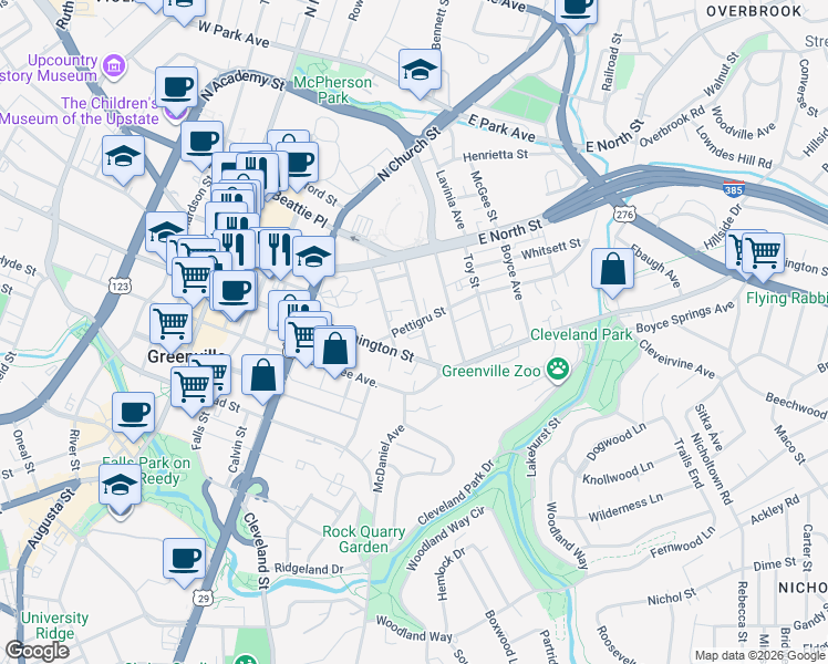 map of restaurants, bars, coffee shops, grocery stores, and more near 14 Manly Street in Greenville
