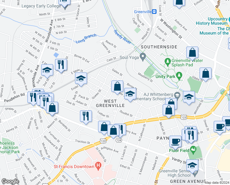 map of restaurants, bars, coffee shops, grocery stores, and more near 347 Gower Street in Greenville