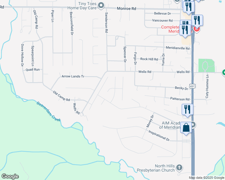 map of restaurants, bars, coffee shops, grocery stores, and more near 114 Meadow Land Drive in Meridianville