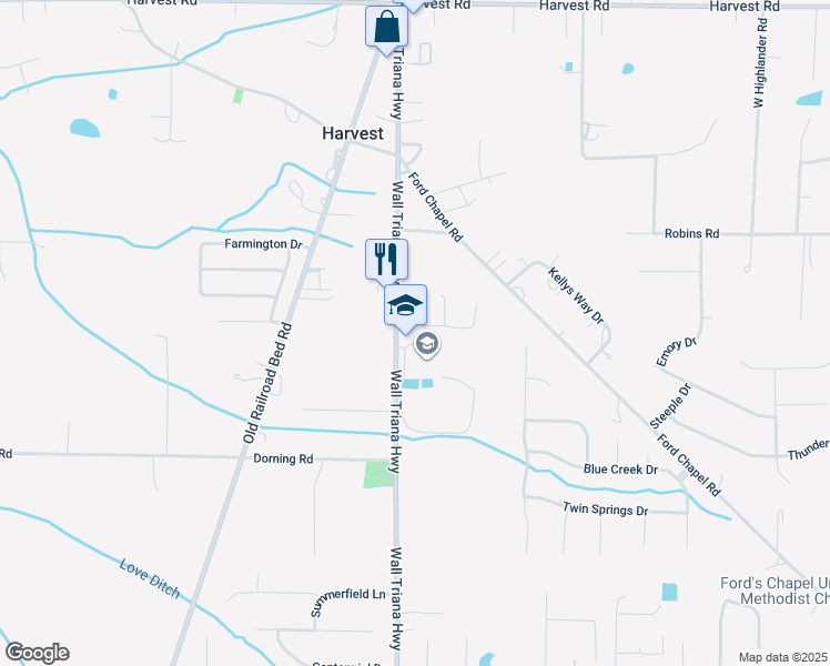 map of restaurants, bars, coffee shops, grocery stores, and more near 101 Dace Court in Harvest