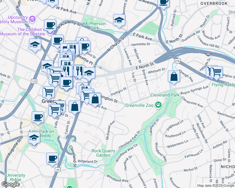 map of restaurants, bars, coffee shops, grocery stores, and more near 14 Manly Street in Greenville