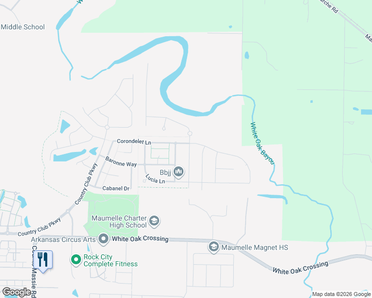 map of restaurants, bars, coffee shops, grocery stores, and more near 1502 Milligan Drive in North Little Rock