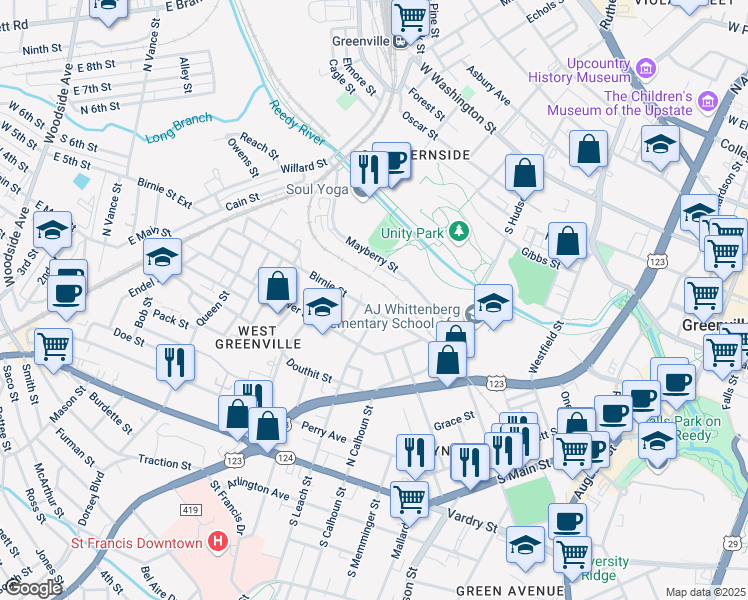 map of restaurants, bars, coffee shops, grocery stores, and more near 400 Birnie Street in Greenville