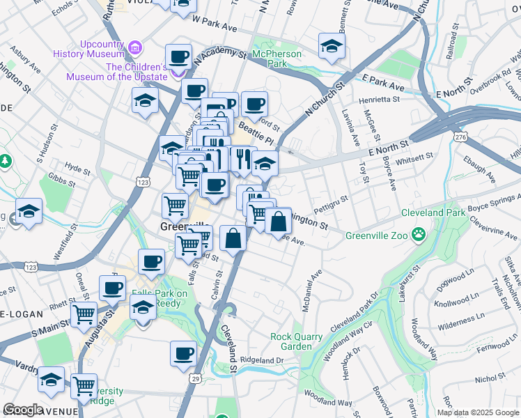 map of restaurants, bars, coffee shops, grocery stores, and more near 400 East Washington Street in Greenville