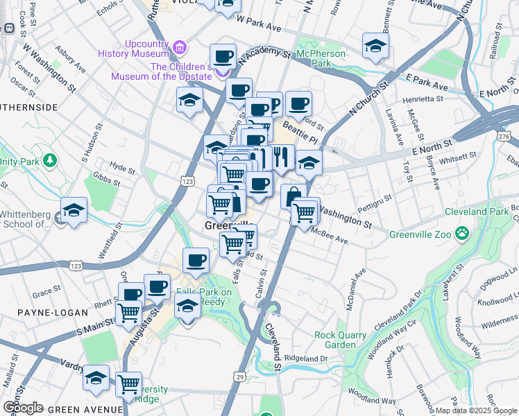 map of restaurants, bars, coffee shops, grocery stores, and more near 131 East McBee Avenue in Greenville
