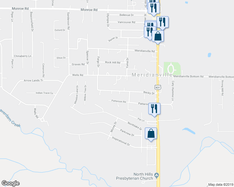map of restaurants, bars, coffee shops, grocery stores, and more near 228 Becky Drive in Meridianville