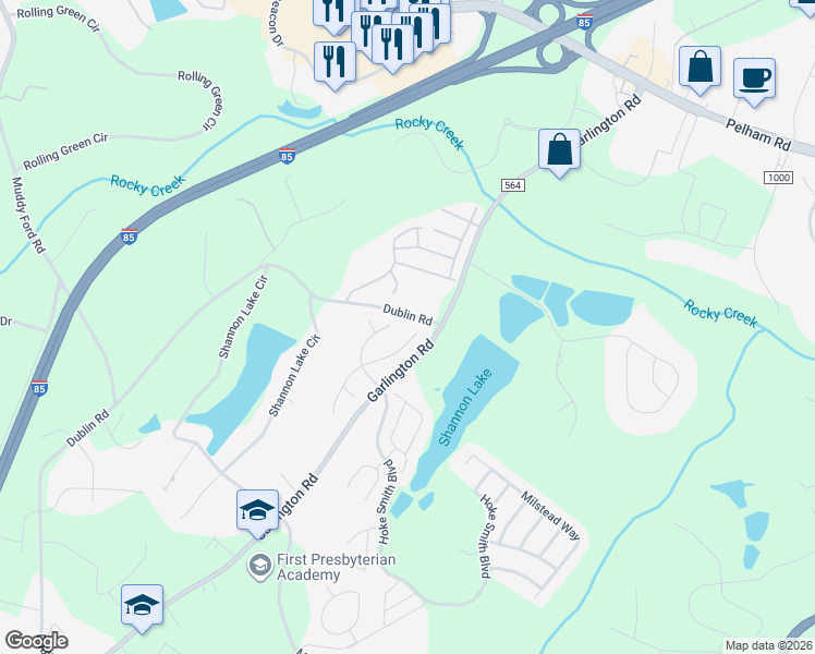 map of restaurants, bars, coffee shops, grocery stores, and more near 206 Gelsemium Place in Greenville