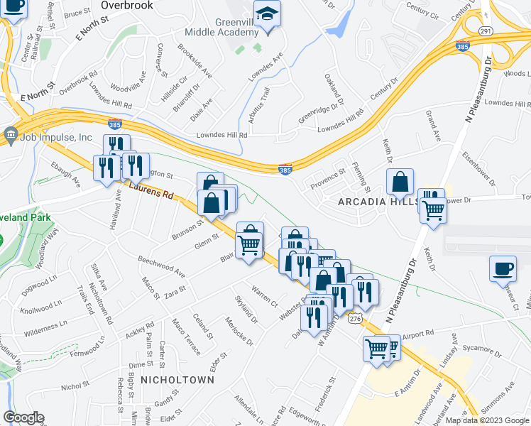 map of restaurants, bars, coffee shops, grocery stores, and more near 104 Lenox Avenue in Greenville