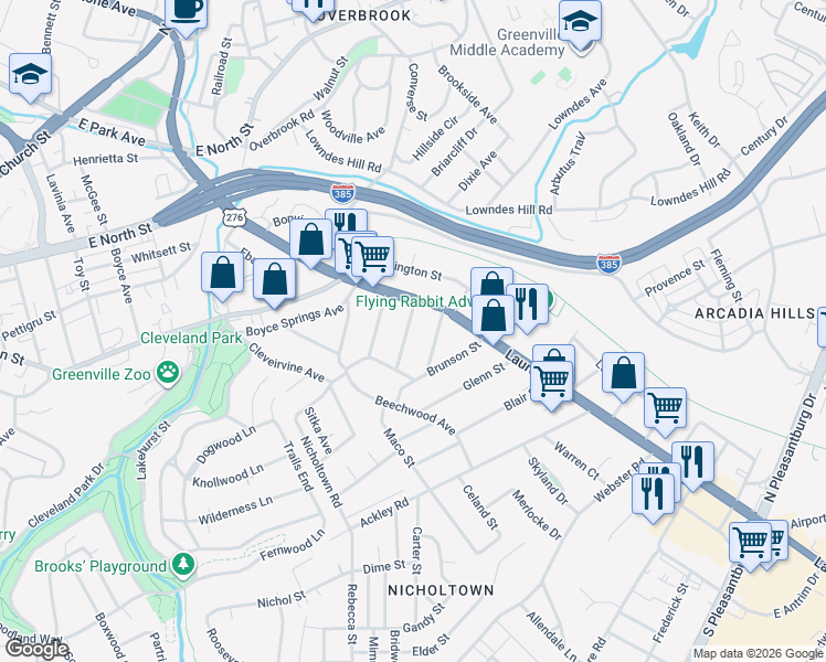 map of restaurants, bars, coffee shops, grocery stores, and more near 10 Coolidge Avenue in Greenville