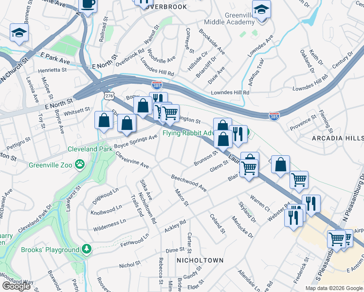 map of restaurants, bars, coffee shops, grocery stores, and more near 13 McAdoo Avenue in Greenville