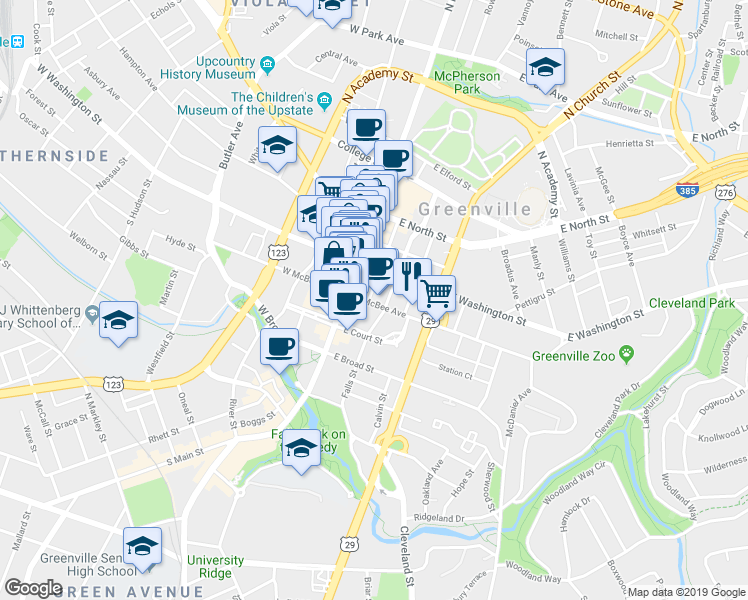 map of restaurants, bars, coffee shops, grocery stores, and more near 131 East McBee Avenue in Greenville