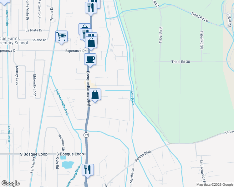 map of restaurants, bars, coffee shops, grocery stores, and more near 650 Barnett Road in Bosque Farms