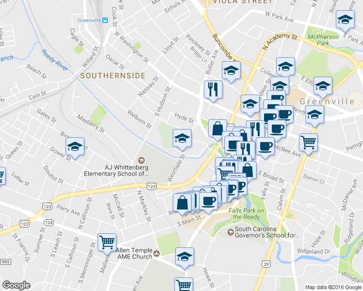 map of restaurants, bars, coffee shops, grocery stores, and more near 234 Martin Street in Greenville