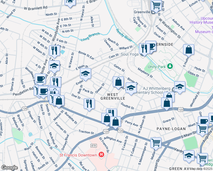 map of restaurants, bars, coffee shops, grocery stores, and more near 6 Carpenter Street in Greenville